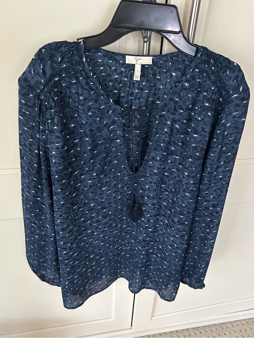 Joie Navy Patterned V-Neck Long Sleeve silk blouse with tassels